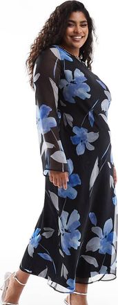 Asos Curve ASOS DESIGN Curve - Vestito midi a maniche lunghe in chiffon blu con stampa-Multicolore