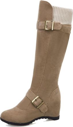 Generic Womens Winter Knee High Slouch Boots Elastic Wide Calf Pull On Hidden Wedge Heel Round Toe Winter Dress Shoes (7.5,Apricot)