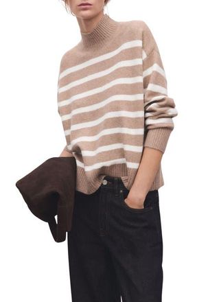 Mango Oversize Stripe Mock Neck Sweater in Light/Pastel Beige at Nordstrom, Size X-Small