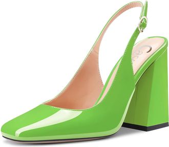Castamere Women Chunky Block High Heel Square Toe Slingback Pumps Court Shoe Slip-on Clear Dress Sandals 10 CM Heels Green 10 UK