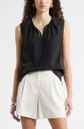 Nordstrom Lace Inset Tie Front Top in Black at Nordstrom, Size Xx-Small