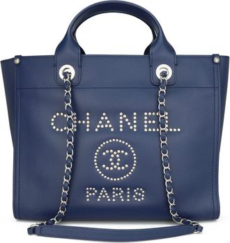 Chanel Studded Navy Blue Caviar Deauville Tote Small
