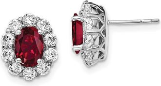 Diamond2Deal 14k White Gold 1 1/5 Ct Lab Grown Diamond and Oval Created Ruby Halo Stud Earrings