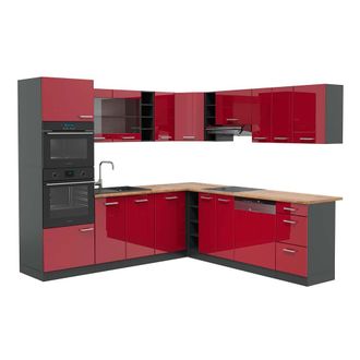 Vicco Cocina Esquinera R-line, Burdeos Brillo Intenso/antracita, 237 X 247 Cm, Et Roble