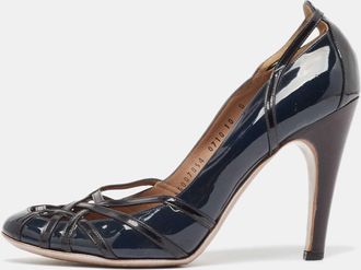 Ferragamo Dark Blue/black Patent Leather Strappy Pumps