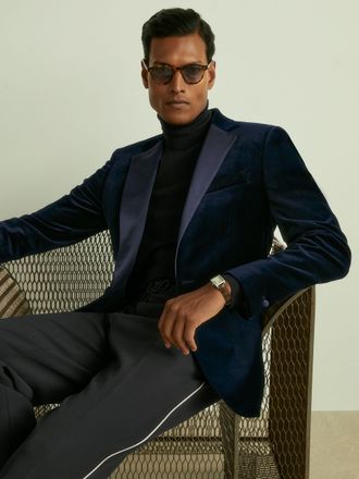 Reiss Ace Mens Navy Blue Cotton Single Breasted Velvet Blazer, Size: 36R