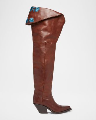 Chlo&eacute; Azelan 70MM Embroidered Over-The-Knee Leather Boots