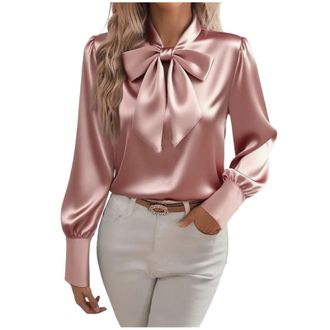 Generic Satin Blouse for Women Bow Tie Neck Ladies Shirts Elegant Vintage Long Sleeve Shirts Ladies Going Out Casual Smart Business Work Office Tops Casual Lo
