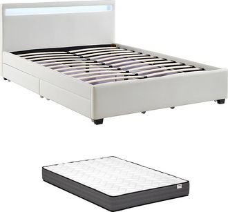 Vente-Unique Cama 140 x 190 cm con compartimentos - Piel sint&eacute;tica blanca con LEDs + colch&oacute;n - ALOIS II