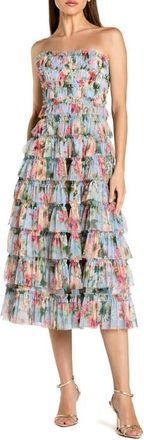 Mac Duggal Printed Mesh Ruffle Strapless Midi Dress in Blue Multi at Nordstrom, Size 12