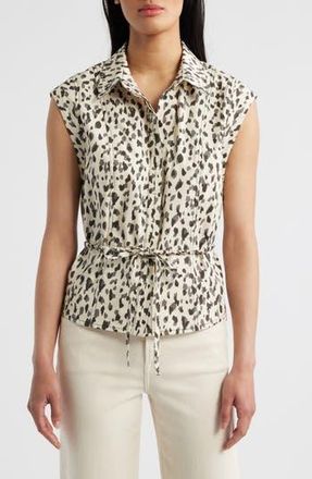 Wit & Wisdom Animal Spot Cap Sleeve Cotton Peplum Top in Black/Cream at Nordstrom Rack, Size X-Large