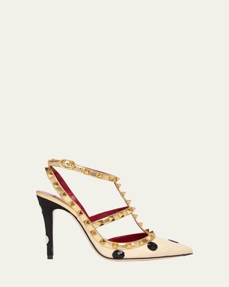 Valentino Garavani 100mm Rockstud Sequined Metallic Leather Caged Pumps