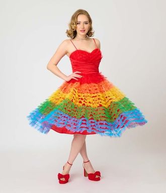 Unique Vintage Tulle Sweetheart Cupcake Swing Dress in Red Rainbow Stripe at Nordstrom, Size X-Large
