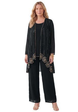 Roaman's Plus-Size Long Sleeve Floral Beaded Georgette Three-Piece Pant Set in Black at Nordstrom, Size 32