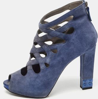 Le Silla Blue Suede Cut Out Peep Toe Platform Ankle Boots