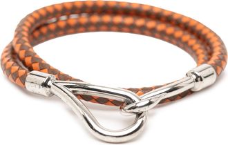 Herm&egrave;s Pre-owned Womens Palladium Plated And Woven Leather Jumbo Hook Double Tour Bracelet - Brown - One Size