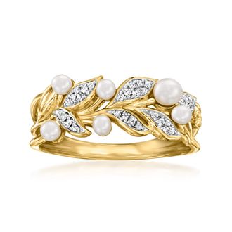 Ross-Simons 2-3.5mm Cultured Pearl Vine Ring With Diamonds in 18kt Gold Over Sterling