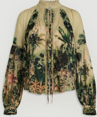 Karen Millen Womens Botanical Print Woven Balloon Sleeve Blouse - Green - Size 10 UK