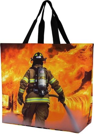 Generic YHNNH Fashionable Reusable Womens Shoulder Tote Bag Firefighter Fireman Flame Printed with Unique Heat Transfer Print, Eco-Friendly Durable Polyester 