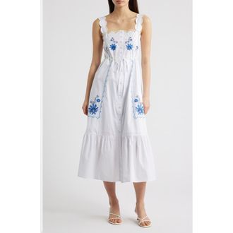 Moon River Floral Embroidery Detail Cotton Dress in Off White/Blue at Nordstrom, Size X-Large