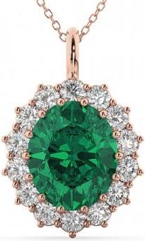 Allurez Oval Emerald & Diamond Halo Pendant Necklace 14k Rose Gold (6.40ct)