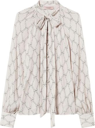 Twinset Elegante Bedrukte Linten Lange Mouw Shirt - Dames - Overhemden - Beige - L - Overhemden