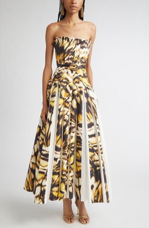 Oscar De La Renta Butterfly Print Pleated Strapless Stretch Poplin
