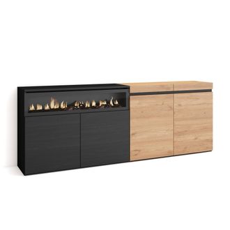 Skraut Home Aparadores Para Sal&oacute;n, Gran Capacidad De Almacenaje, 200x75x35cm, 4 Puertas, Chimenea El&eacute;ctrica, Estilo Moderno, Roble Y Negro - Skraut Home