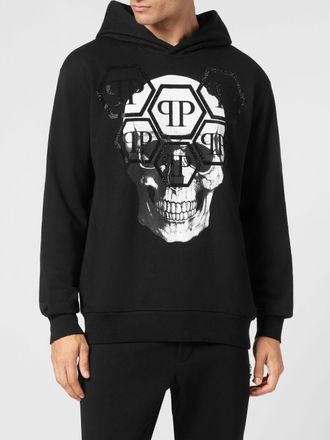 Philipp Plein Felpa con cappuccio in cotone con stampa Skull e logo in strass