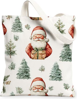 Generic Santa Canvas Tote Bags, Holiday Christmas Tree Pattern Reusable Grocery Bags, Festive Vintage Lightweight Washable Shoulder Strap Canvas for Shopping 