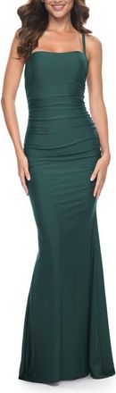 La Femme Simple Ruched Jersey Dress with Lace Up Back in Emerald at Nordstrom, Size 16