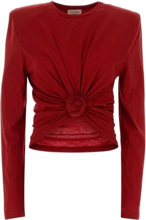 Magda Butrym Tops, Dames, Rood, S, Geknoopte Jersey Blouse met Lange Mouwen