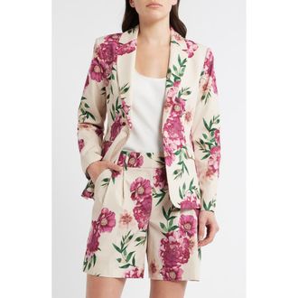 Tahari by ASL Print One-Button Blazer in Sand Berry Floral at Nordstrom, Size 10P