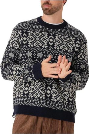 Selected Slhholger LS Knit Jaquard Crew Neck - Heren - Ronde hals truien - Blauw - XL - Nylon - Truien & Vesten