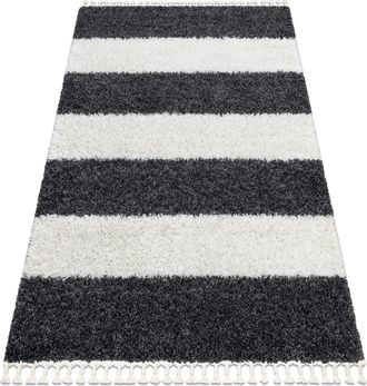 RugsX Tappeto Union 4079 Strisce Grigio / Crema Frange Berbero Marocchino Shaggy Grey 200x290 Cm