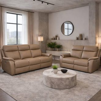 Aspire Home Accents Kingsmere 3 + 2 Power Recliner Sofa Set in Real Leather in Taupe