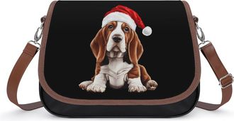 Generic Basset Hound in Christmas Crossbody Bag Womens Handbag PU Message Bags Shoulder Purse with Adjustable Strap