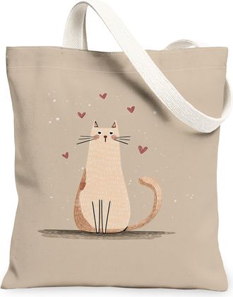 Generic Cute Cat Canvas Tote Bags, Adorable Animal Pattern Reusable Grocery Bags, Spring Vintage Lightweight Washable Shoulder Stra, Beige, 13x15 Inch