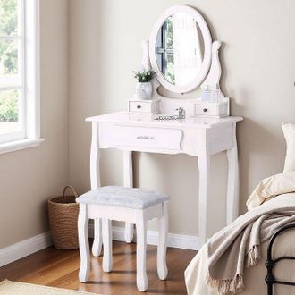OEM Maquilladora Con Espejo Y Taburete, 3 Cajones, Escandinava, Bandeja Extra&iacute;ble, Mdf Y Pino, Ni&ntilde;a, 75 X 40 X 136 Cm, Blanco