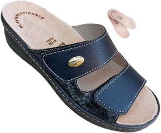 New Confort PREST1GE Comfort Womens Faux Leather Adjustable Slippers Removable Footbed 2 cm Suitable for Custom-Made Insoles, Blue With Texture, 8.5 UK