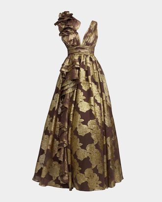 Mac Duggal Metallic Floral Brocade Ball Gown