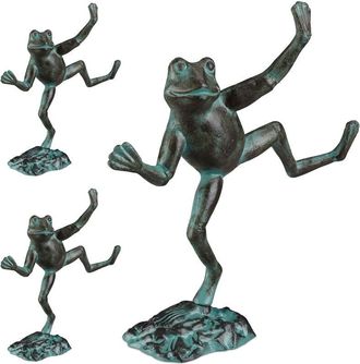 Relaxdays Set of 3 Relaxdays Garden Frog Figurines, Weatherproof, In- & Outdoor Toad, For Balcony, Pond, Cast Iron, Size L, Green
