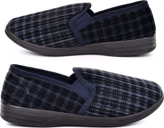 Generic Mens Navy Blue Check Extra Large Size 14 UK Carpet Slippers - Textile, Synthetic - Textile Lining - Twin Gusset - Slip On - 14 UK