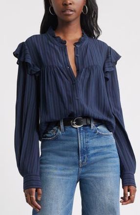 Treasure & Bond Ruffle Button-Up Shirt in Navy Still at Nordstrom Rack, Size Large