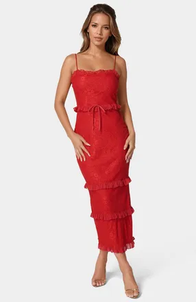 Bebe WomenS Lace Maxi With Ruffle Dress