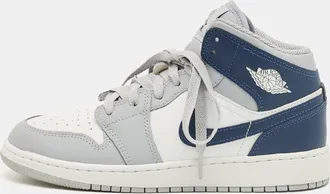 Air Jordan Grey/navy Blue Leather 1 Mid Wolf Grey Midnight Navy Sneakers