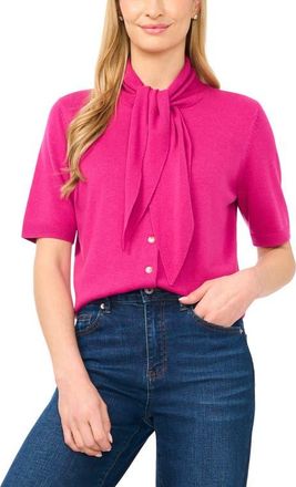 CeCe by Cynthia Steffe Tie Neck Short Sleeve Cardigan in Peony Punch at Nordstrom, Size X-Large