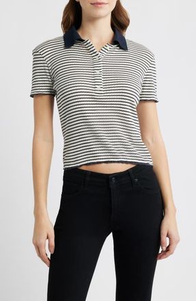 Frame Denim Stripe Crop Pointelle Polo in Navy Multi at Nordstrom, Size X-Small