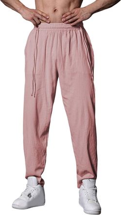 Generic Mens Plain Cotton Linen Trousers - MenS Linen Slim Fit Trousers Drawstring Cropped With Elastic Waist Lightweight Flat Front Pants Straight Legs Trous