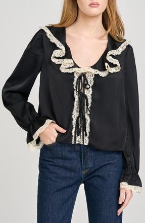 Wayf Lacy Long Sleeve Tie Front Top in Black at Nordstrom, Size X-Large